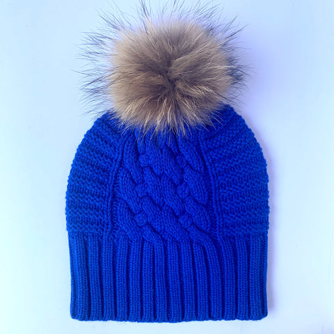 UP for ANYTHING 100% Pure Merino Wool Jumbo Cable & Fancy Rib Beanie with detachable Raccoon Fur Pom Pom, Rightly Royal