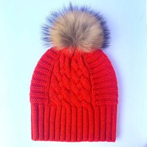 UP for ANYTHING 100% Pure Merino Wool Jumbo Cable & Fancy Rib Beanie with detachable Raccoon Fur Pom Pom, Saucy